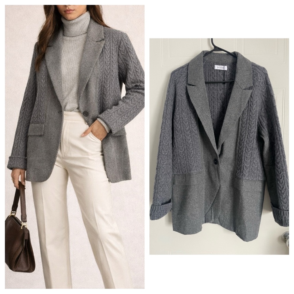 Naadam Gray Cable Knit Blazer L Quiet Luxury Dark Academia Minimal